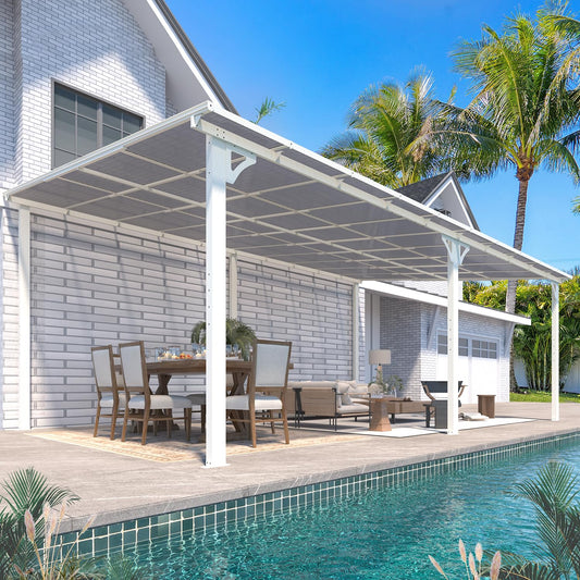 AECOJOY 20' x 12' Gazebo in White, Large Wall Mounted Gazebos on Clearance, Outdoor Patio Lean to Gazebo Metal Awnings for Decks,Patio, Porch, Backyard and More