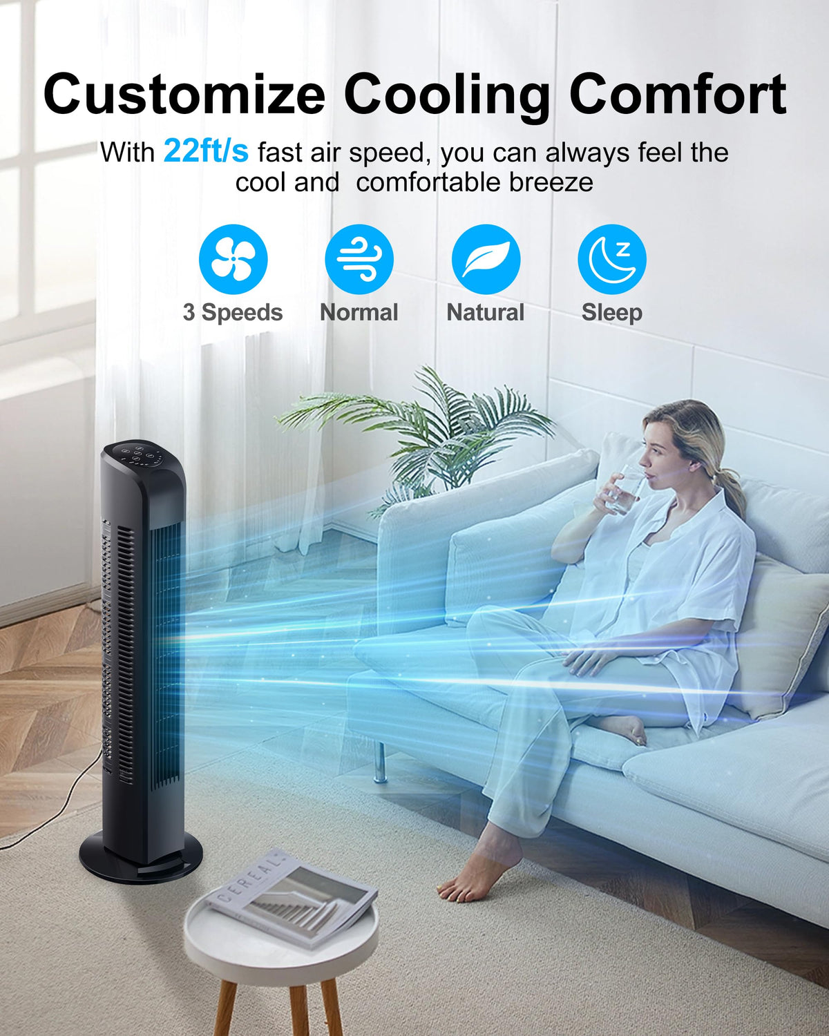 Uthfy Oscillating Tower Fan with Remote, Electric Standing Tower Fan Floor Fan for Bedroom Indoor Office and Home Use,Quiet Cooling Portable Bladeless Tower Fans, 30 inchs, Black Tower Fan