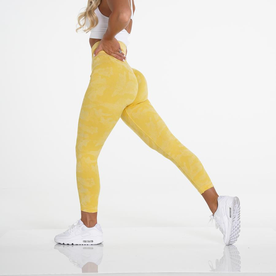 Fashion Snowflake Cropped Camouflage Jacquard Seamless Fitness Yoga Pants Yellow