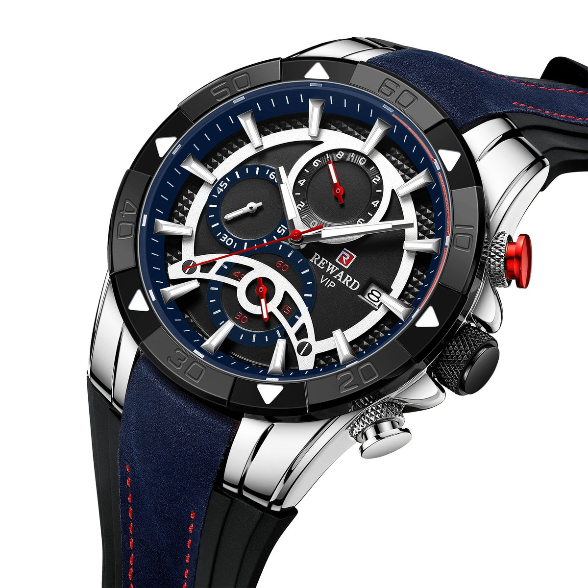 Men's Watch Calendar Watch Tape Quartz Watch Six-pin Watch Business Men's Watch White shell blue