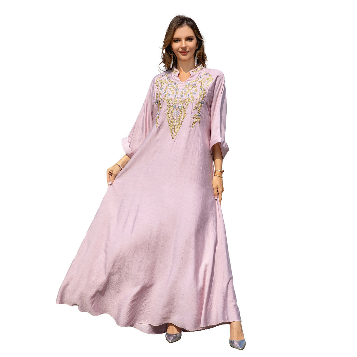 Muslim Women Embroidered Robe Dress Pink