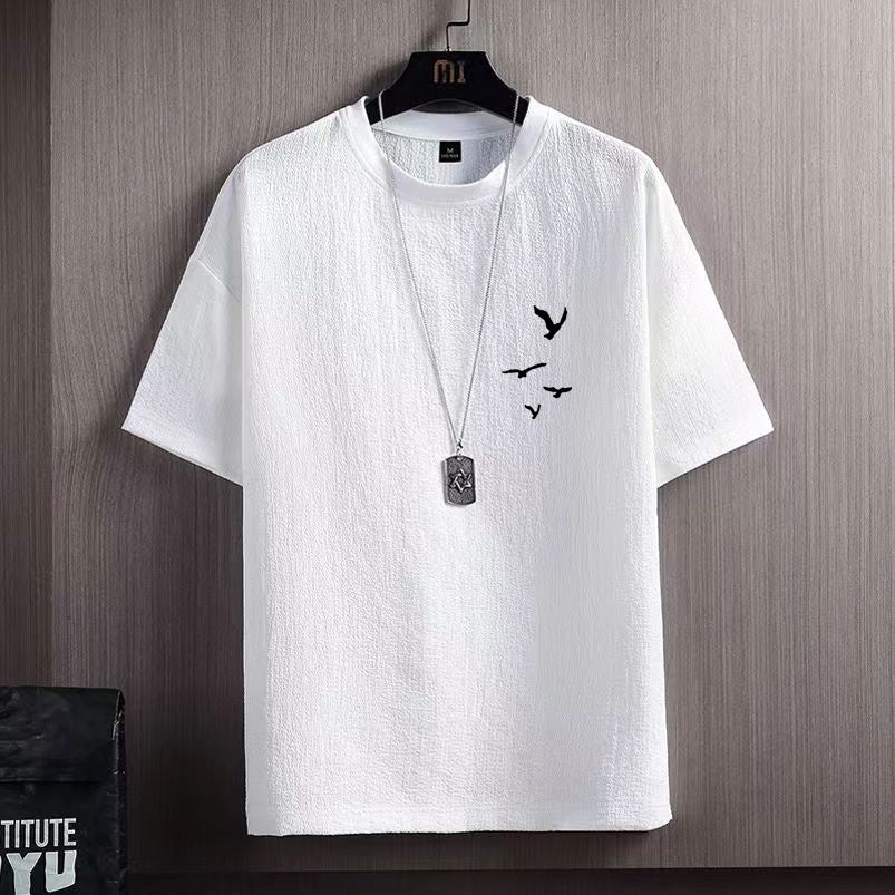 Ice Silk Short Sleeve T-shirt Men 991 White Flying Bird