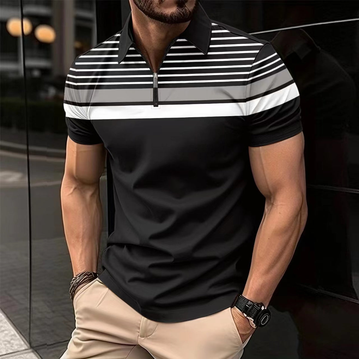 Business Striped Versatile T-shirt Men Black