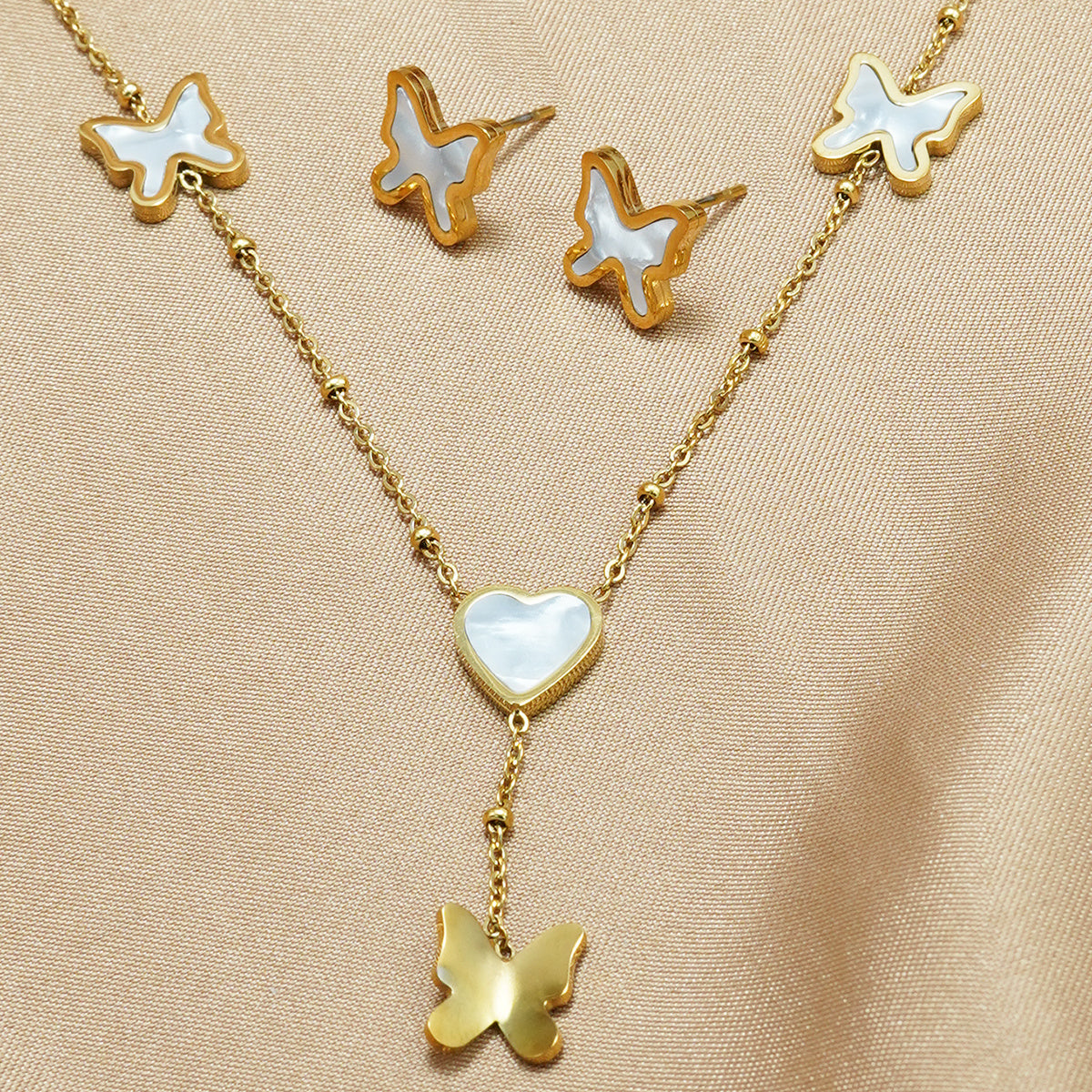 Lxalry 18K Gold Plated Stainless Steel Butterfly Jewelry Set Hypoallergenic Tarnish Free Mirror Necklace Earrings Symmetrical Wing Design With Heart Clasp, Skin Safe Luxury Gift For Her Golden Ho