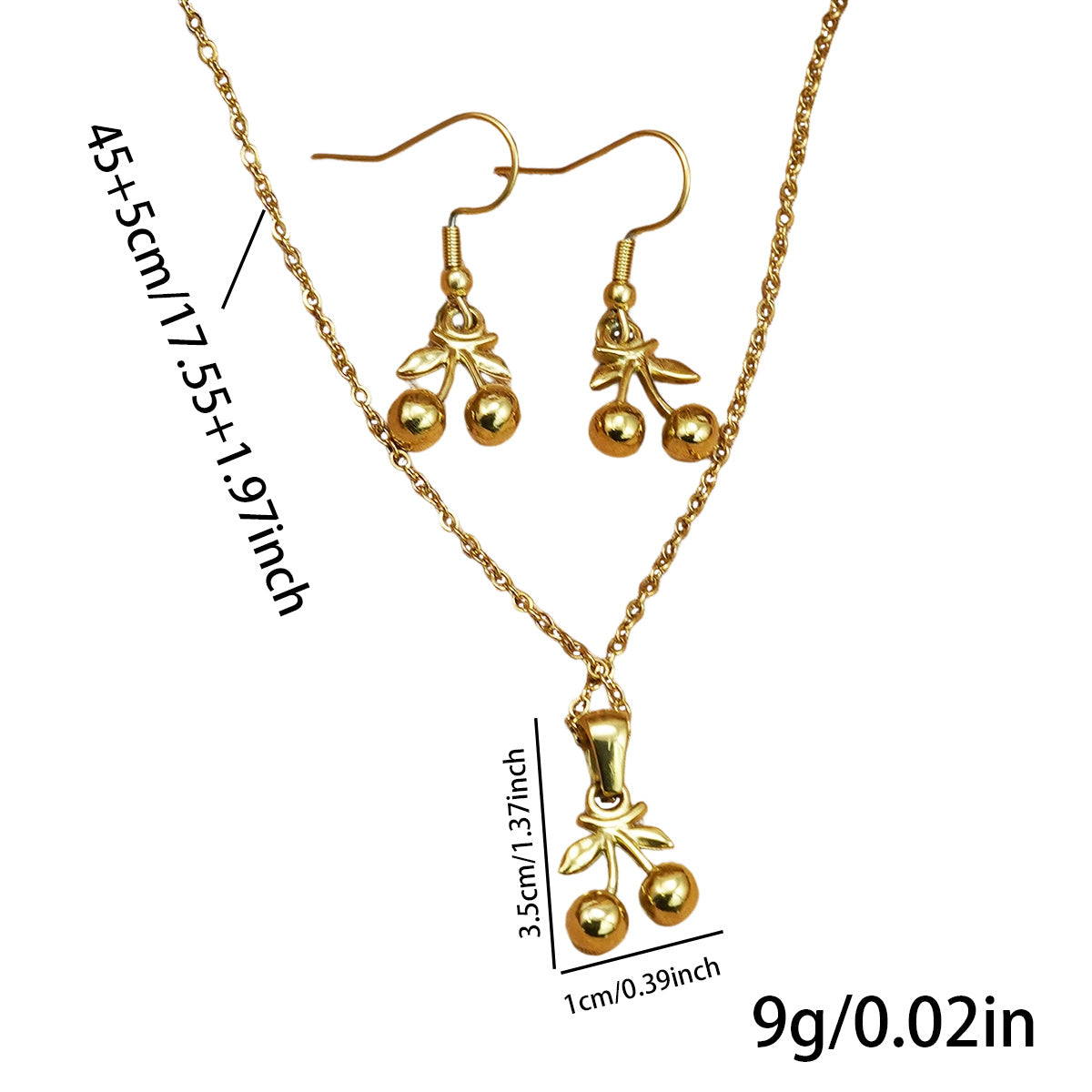 Lxalry 18K Gold Plated Cherry Mirror Jewelry Set Hypoallergenic Skin Safe Necklace Drop Earrings Never Fade Adjustable Luxury Gift For Evening Wear