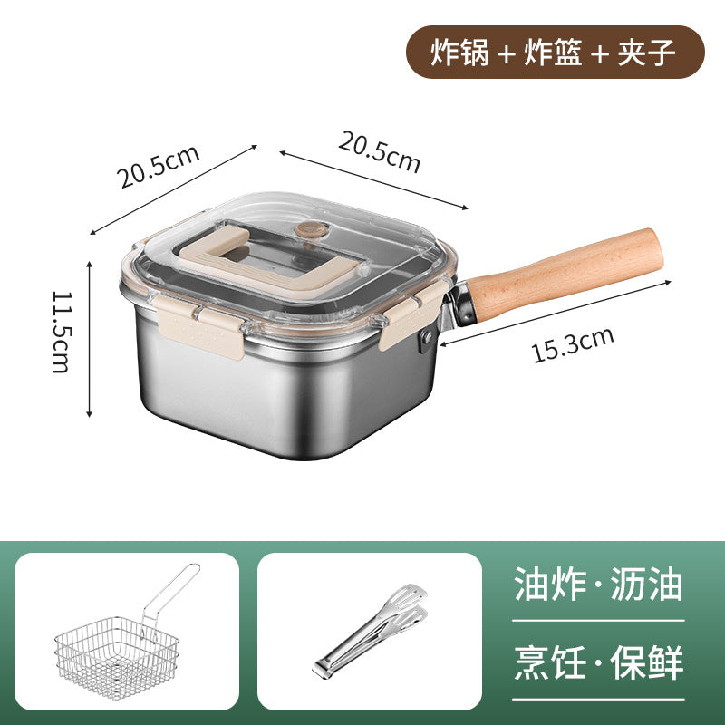 Cross-border Stainless Steel Fryer Household Small Fryer Outdoor Multi-functional Portable Fryer For Gas 【★ square fryer + frying basket + clip★】