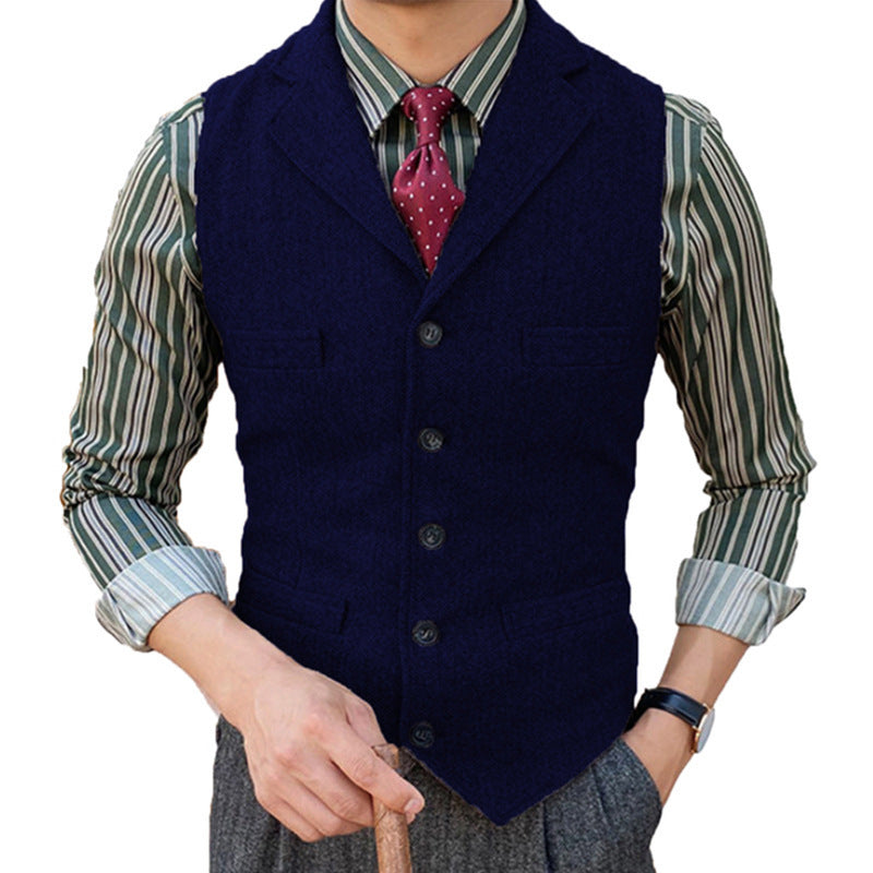 Man's Suit Vest Slim Herringbone Pattern Navy Blue