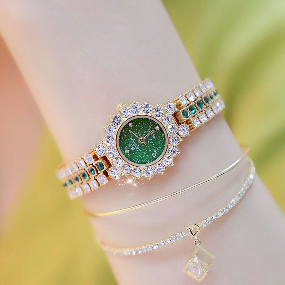 Multicolor Temperament Women's Fashion Quartz Watch Luxury Stainless Steel Analog WristWatch Ladies Watch Women Dress Bracelet Set Clock Golden Green