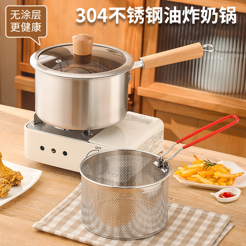 Cross-border 304 Stainless Steel Fryer Household Kitchen With Lid And Frying Basket Small Fryer Baby Food Supplementary Meal Small Milk Pot