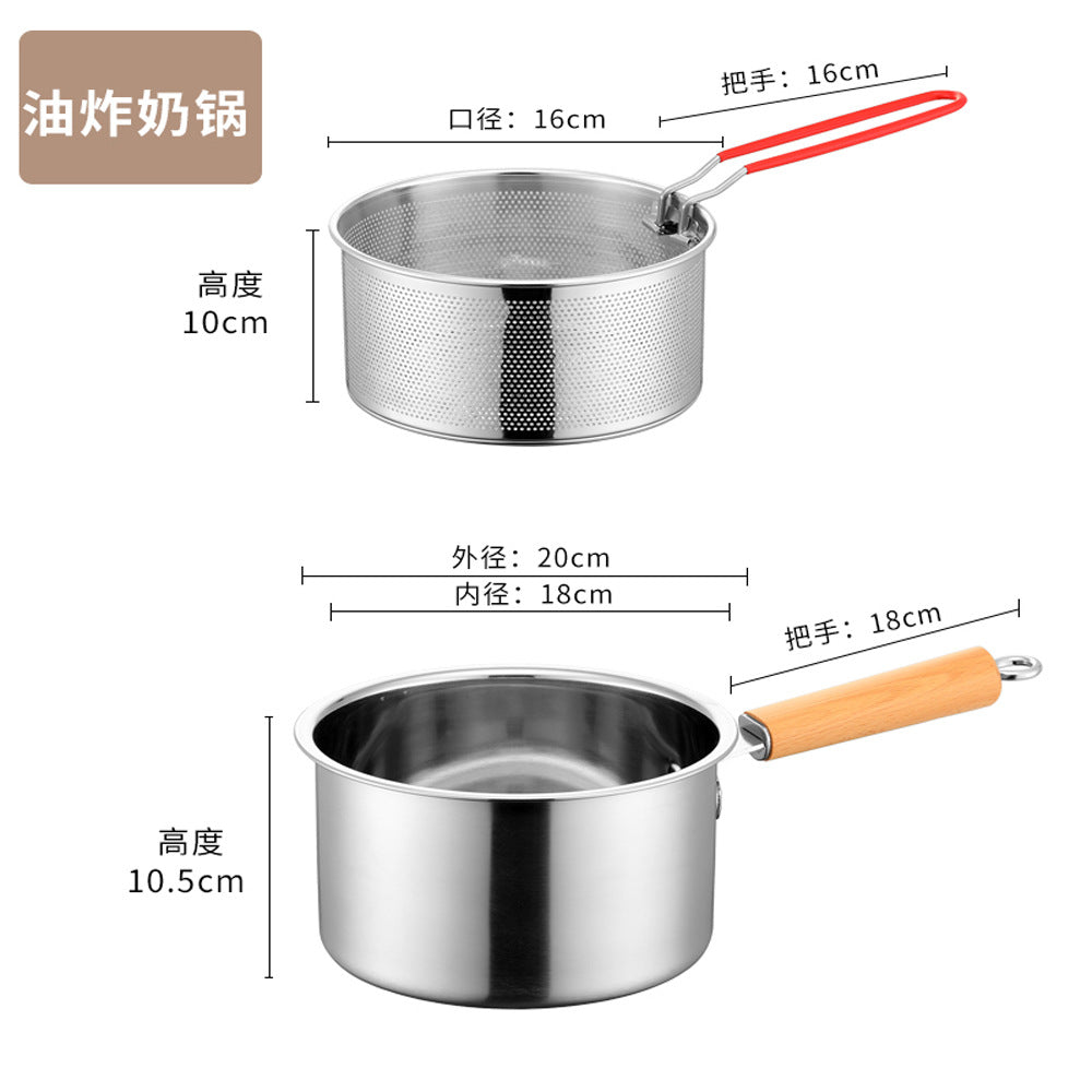 Cross-border 304 Stainless Steel Fryer Household Kitchen With Lid And Frying Basket Small Fryer Baby Food Supplementary Meal Small Milk Pot Can + Frying Basket