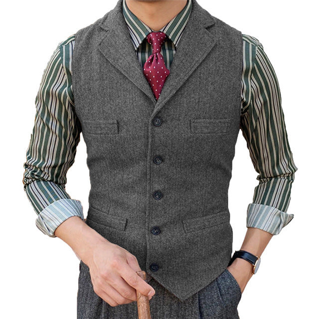 Man's Suit Vest Slim Herringbone Pattern Dark Gray