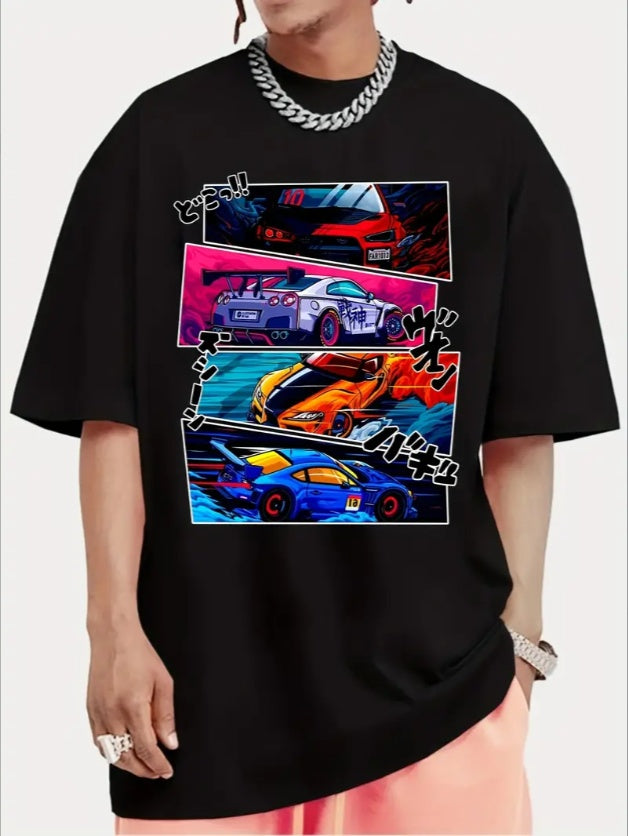 Men Street Style T-shirt, Short-sleeved T-shirt, Summer Outdoor Sports Car Print T-shirt