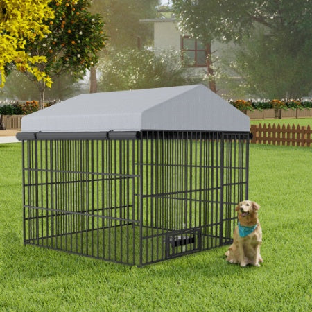 Large Dog Kennel Outdoor Pet Pens Dogs Run Enclosure Animal Hutch Metal Coop Fence With Roof Cover 6.6L X 6.6W X 6.4H Black Gray