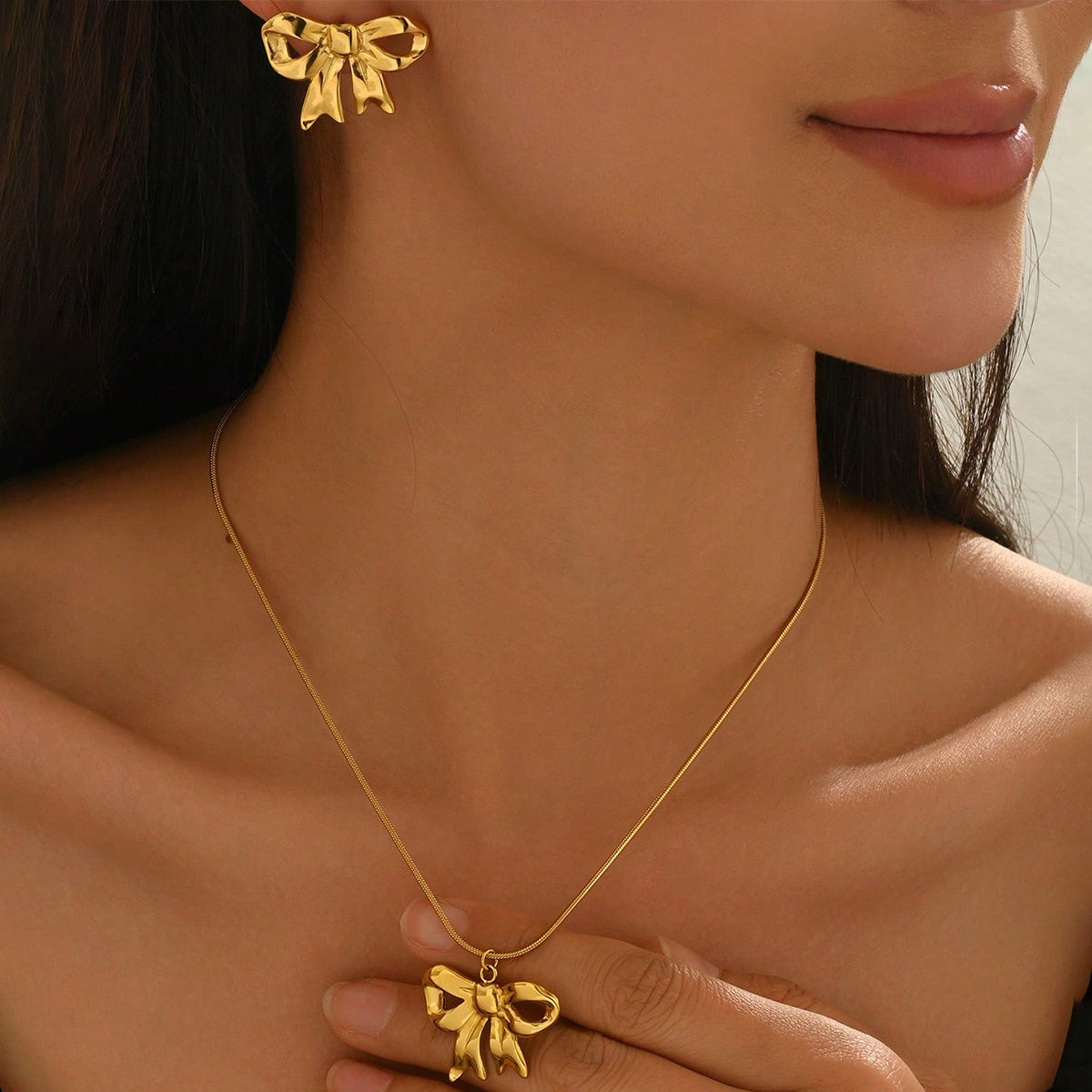 Lxalry 18K Gold Plated Bow Mirror Jewelry Set Hypoallergenic Skin Safe Necklace Earrings For Weddings Gifting, Never Fade Adjustable Luxury With Precision-Cast Ribbon
