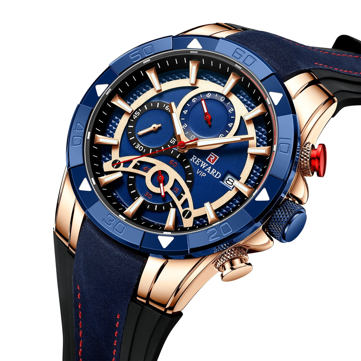 Men's Watch Calendar Watch Tape Quartz Watch Six-pin Watch Business Men's Watch Rose shell blue