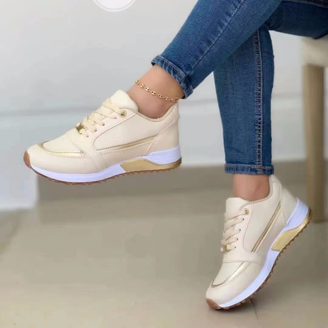 Casual Lace-up Flat Shoes Women Shallow Round Toe Sports Walking Sneakers Apricot
