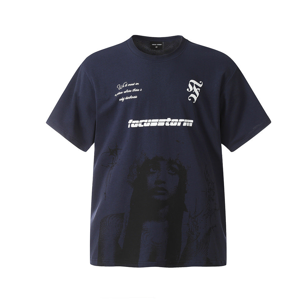 Printed T-shirt Short-sleeved Shirt For Men Navy Blue