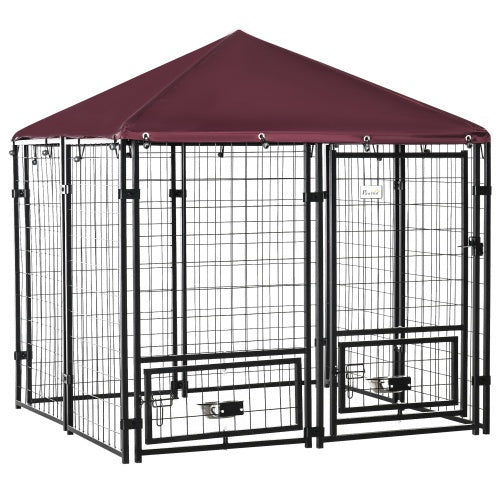 Outdoor Kennel With Rotating Bowl Rack, Walk-in Pet Playpen, Welded Wire Steel Dog Pen, With Waterproof And UV Resistant Awning Black and red