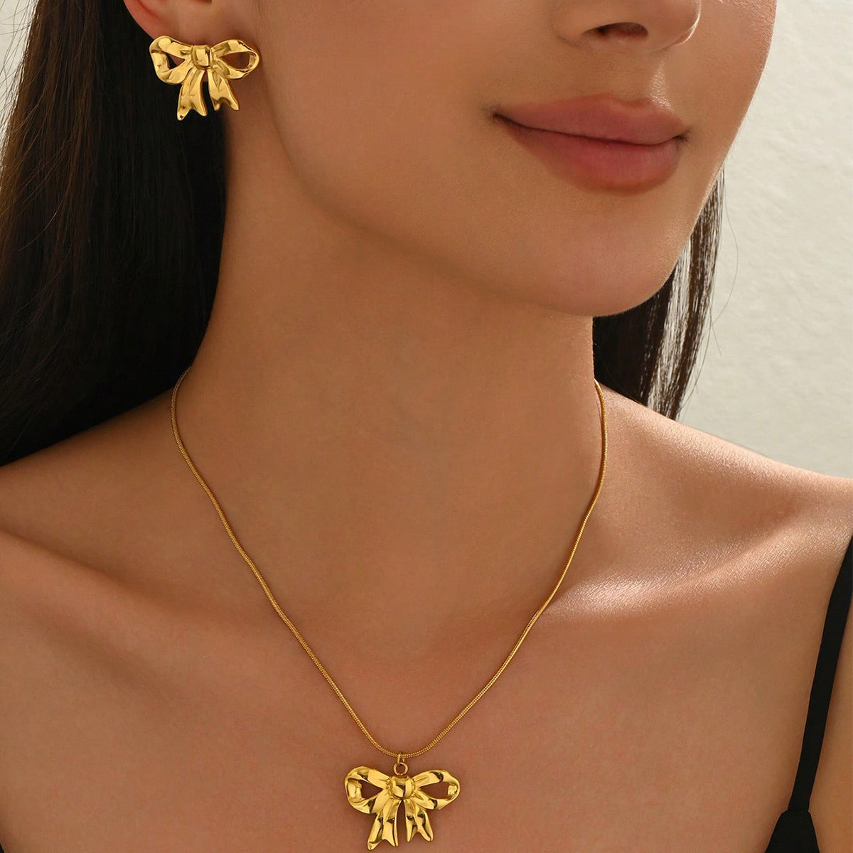 Lxalry 18K Gold Plated Bow Mirror Jewelry Set Hypoallergenic Skin Safe Necklace Earrings For Weddings Gifting, Never Fade Adjustable Luxury With Precision-Cast Ribbon