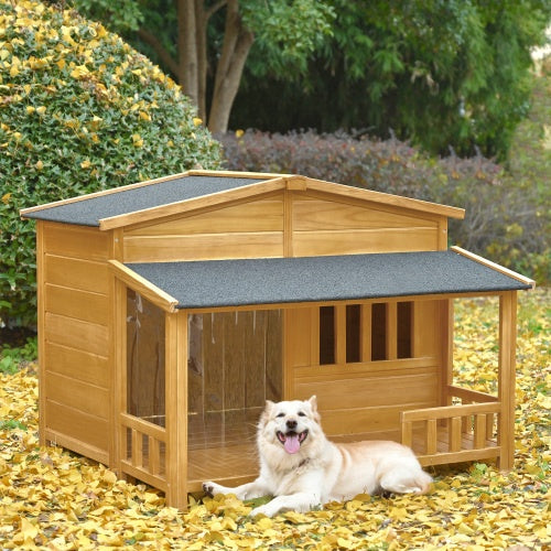 GO 47.2 Wooden Dog House, Outdoor & Indoor Dog Crate, Pet Kennel With Porch, Solid Wood, Weatherproof, Medium, Nature Natural Wood