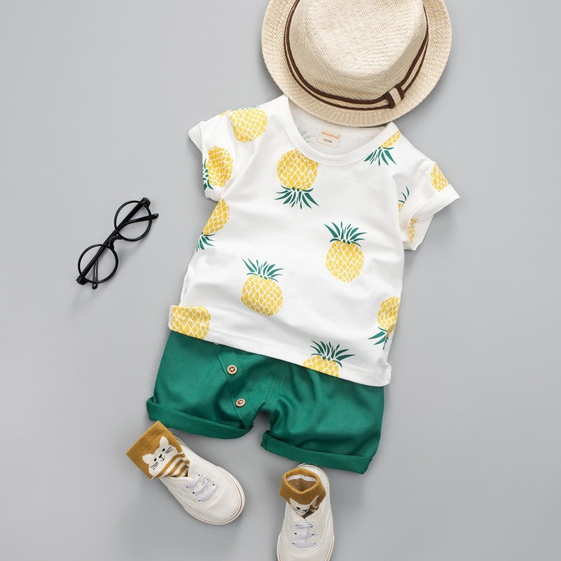 Summer Short-sleeved Suit Kids T-shirt Clothes Kids Shorts Two-piece Suit Green